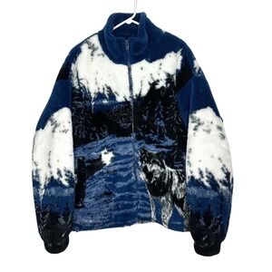 Zara Wolf Landscape Design Borg Teddy Mock Neck Full Zip Fleece Jacket Size M